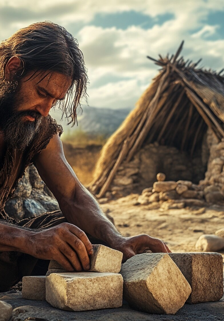 A man shaping stones outside a desert dwelling