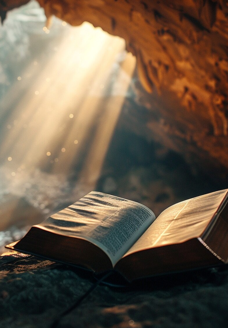 An open Bible in a cave lit by a shaft of light