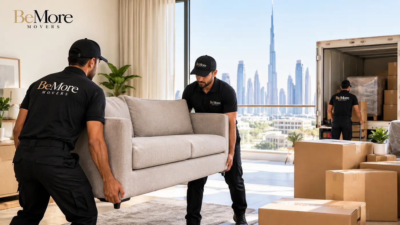 Professional movers carrying a sofa during a house move