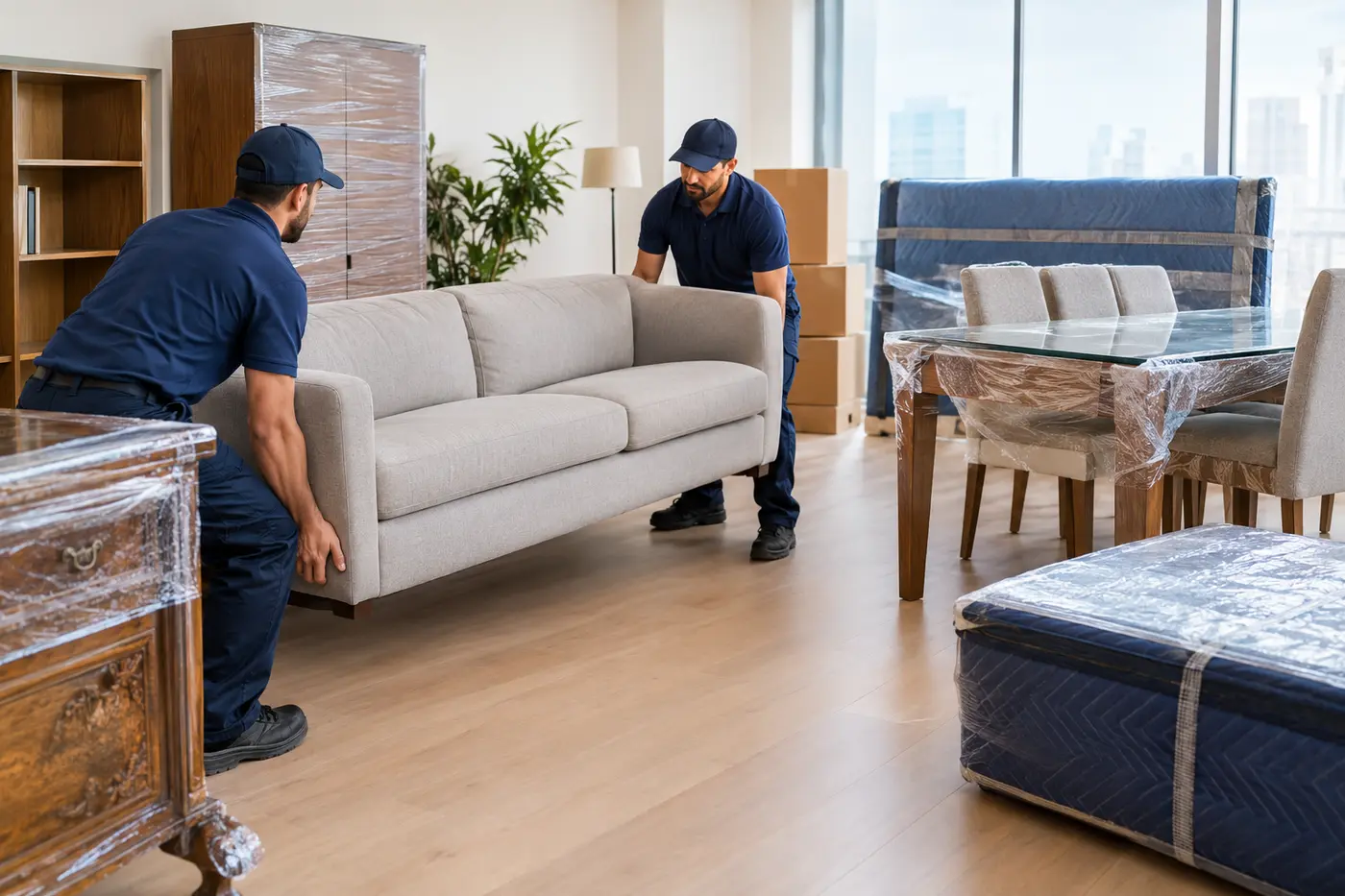 Professional movers lifting a sofa while other furniture is wrapped in protective materials.
