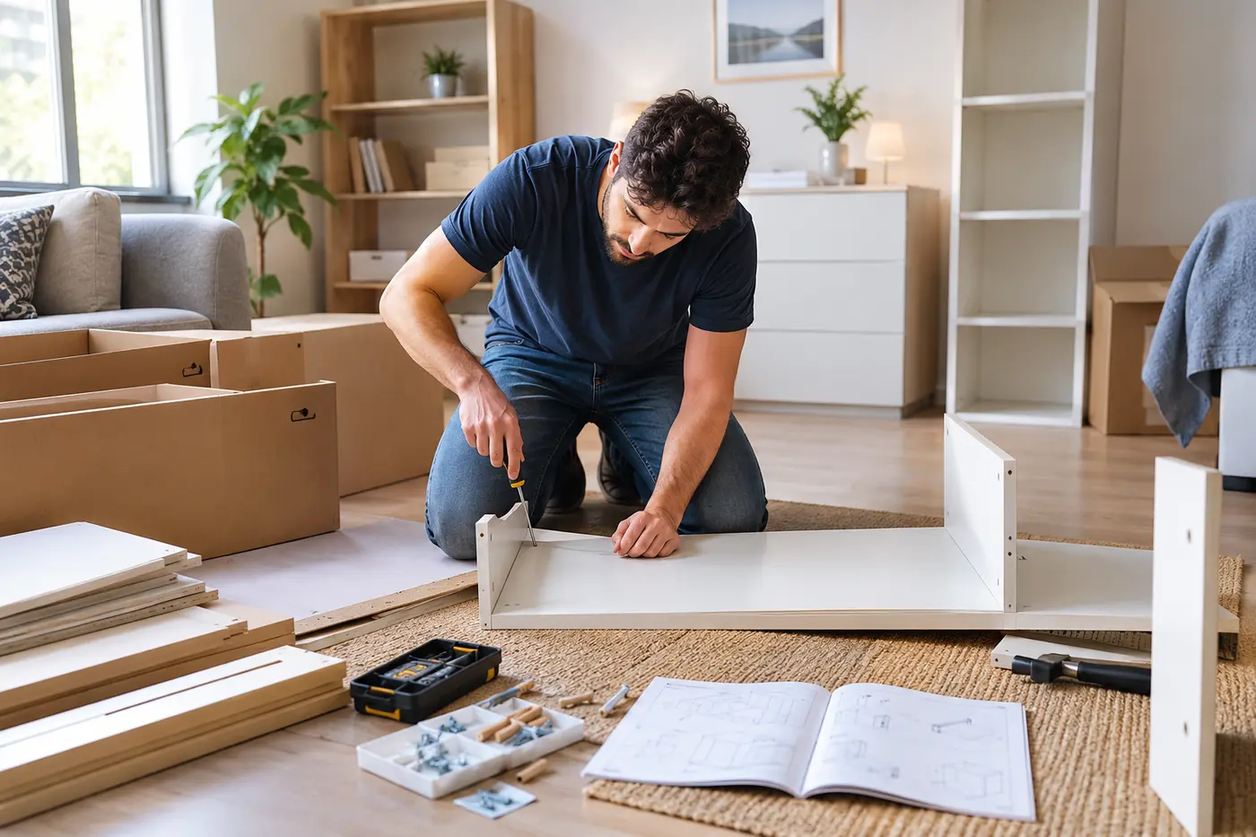 A man assembling a white cabinet.