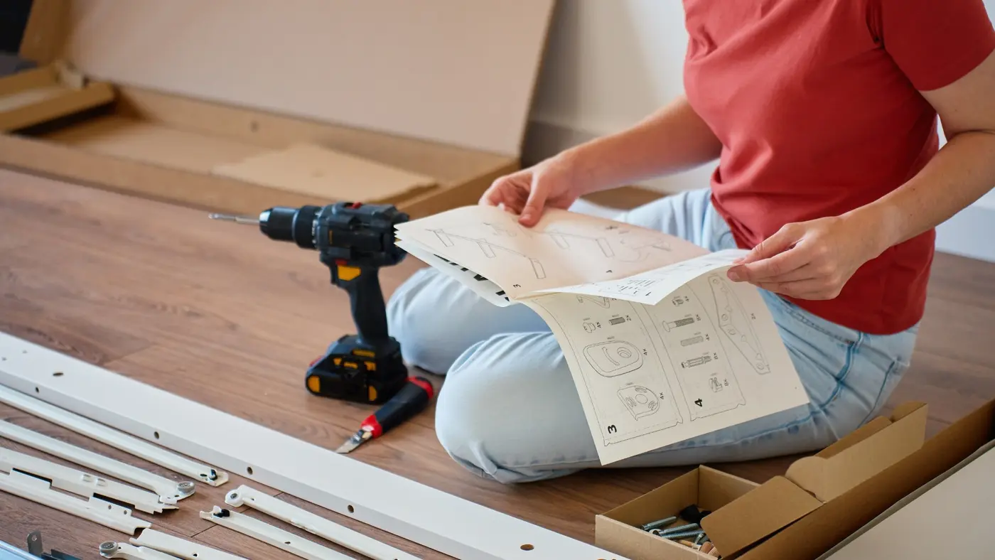 Checking IKEA furniture assembly instructions before putting the furniture together.