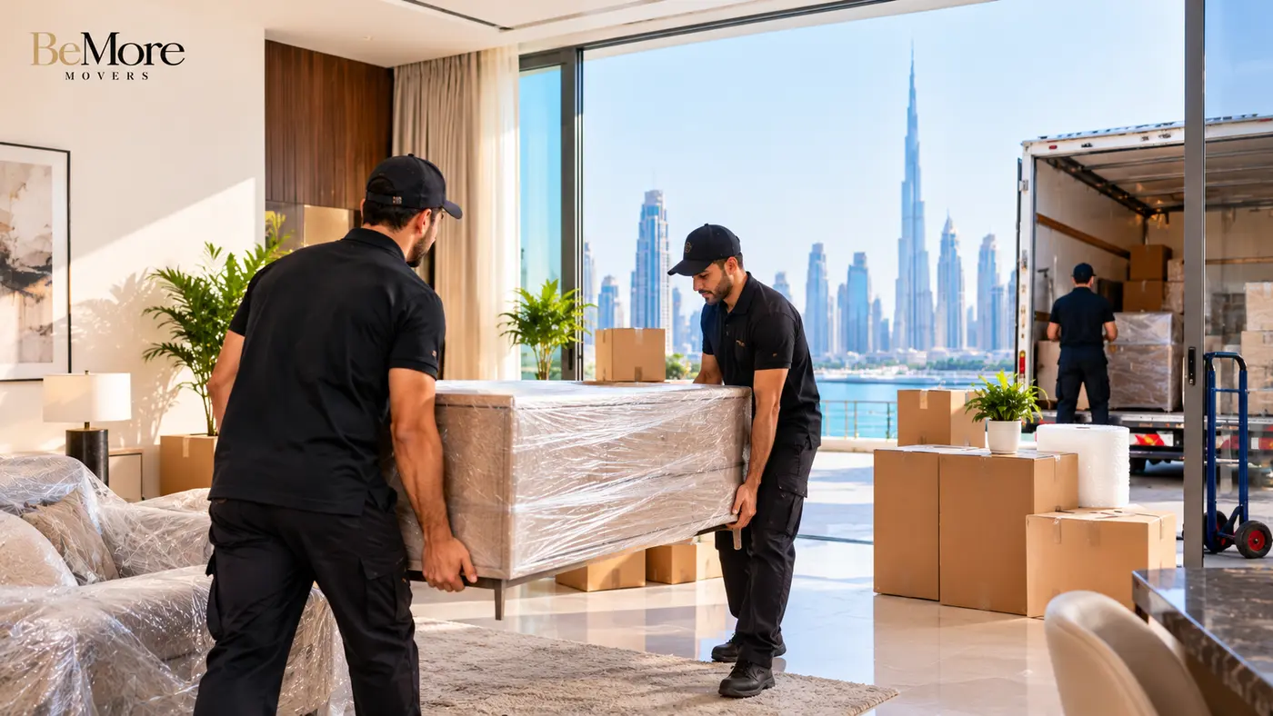 Professional home movers carrying a wrapped piece of furniture.