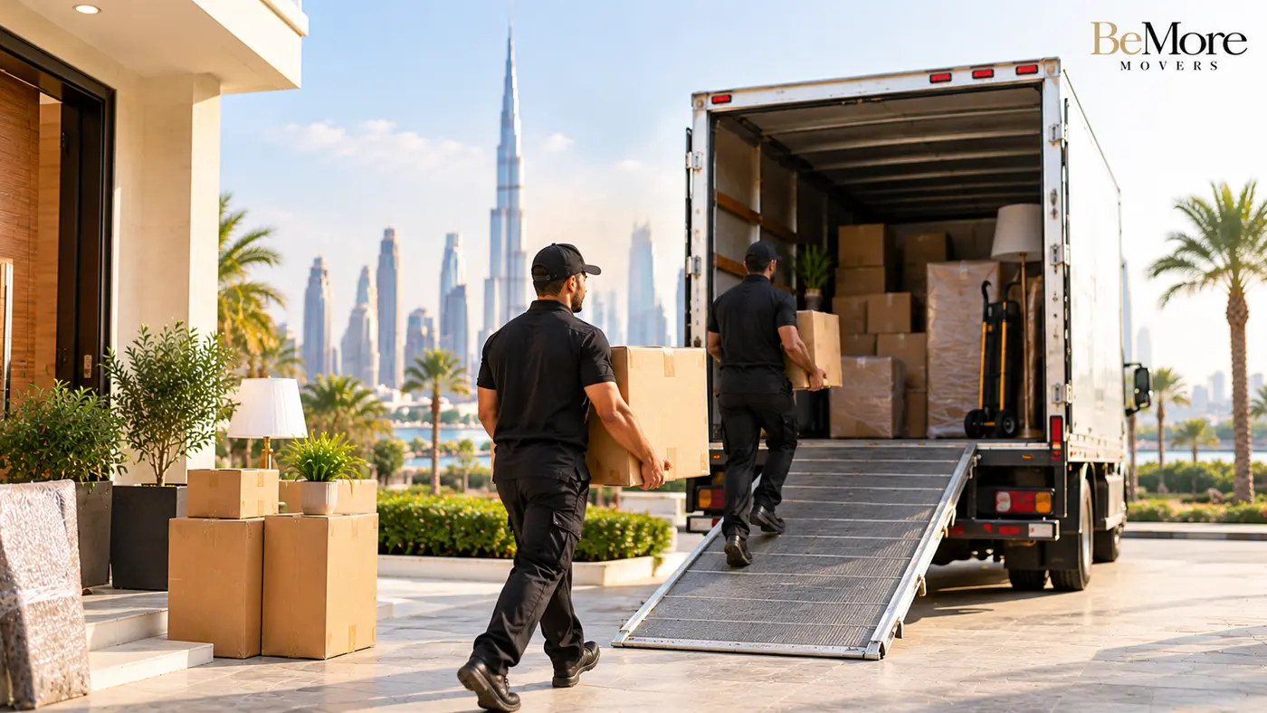 BeMore Movers team loading moving boxes and furniture into a truck.