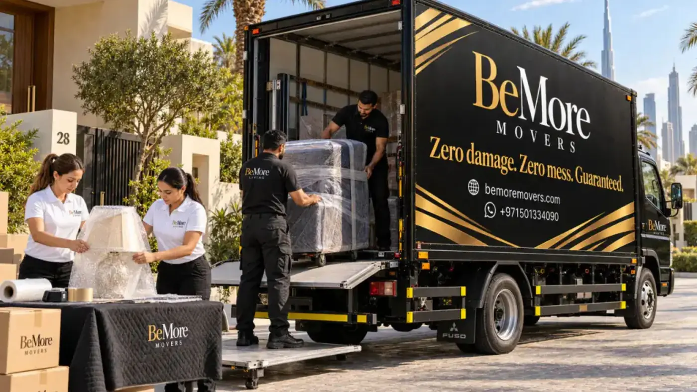 BeMore Movers packing furniture and loading a moving truck