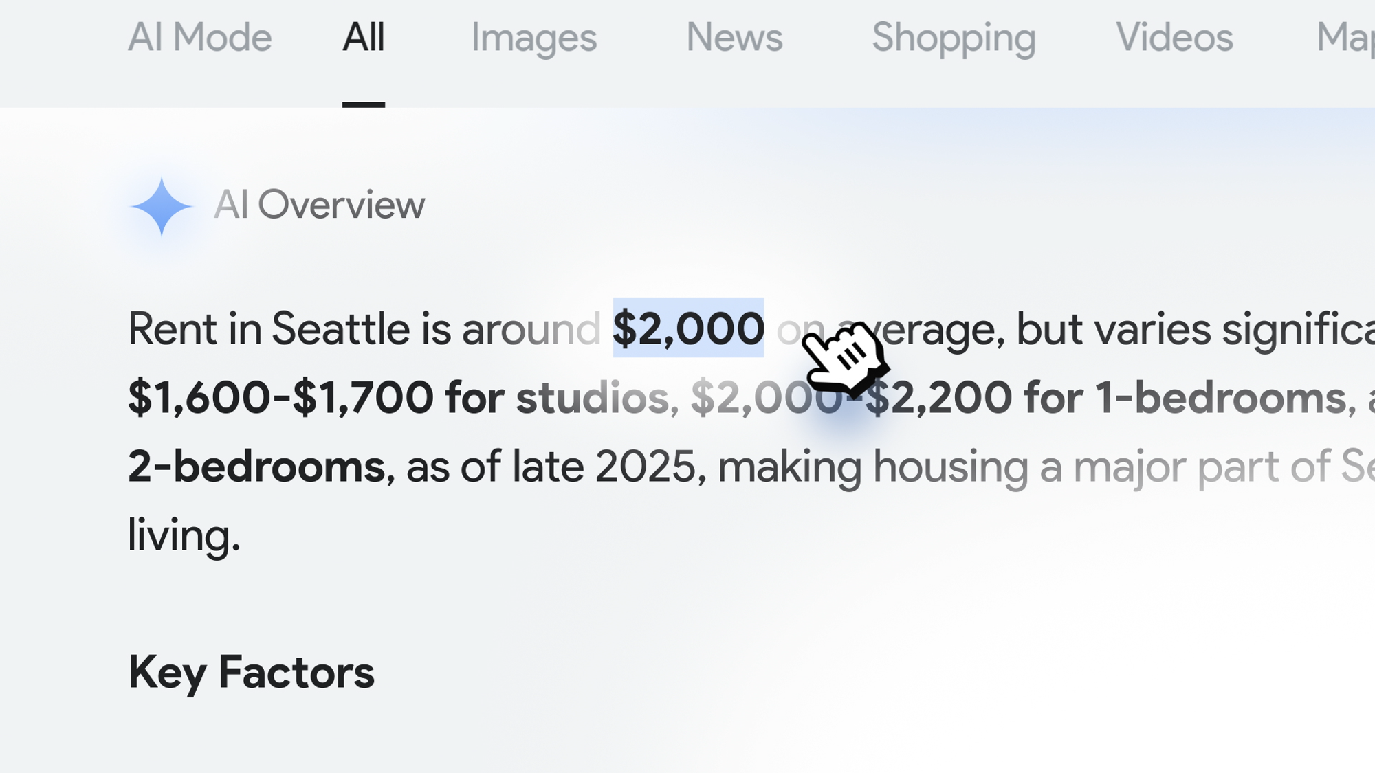 An AI overview of search results for rent prices in Seattle.