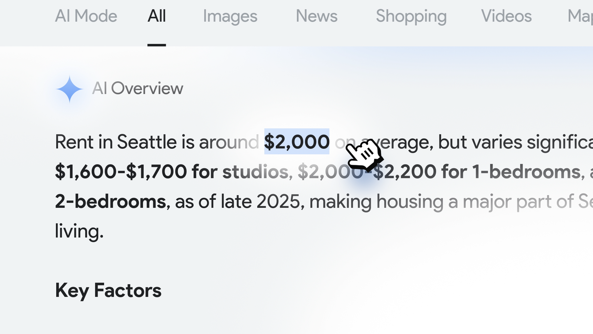 An AI overview of search results for rent prices in Seattle.