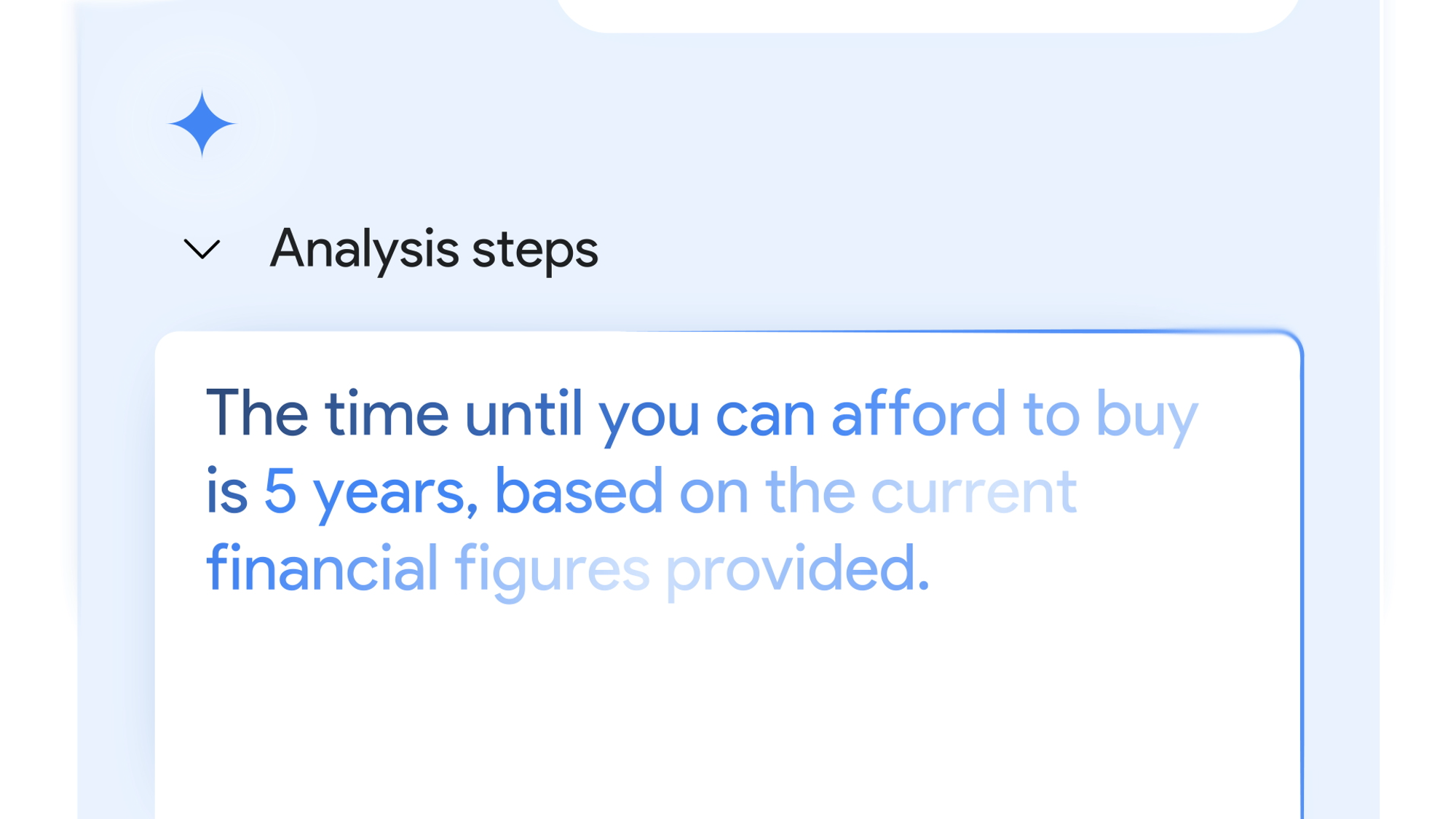 Gemini answering a question about how long it will take to afford to buy a home.