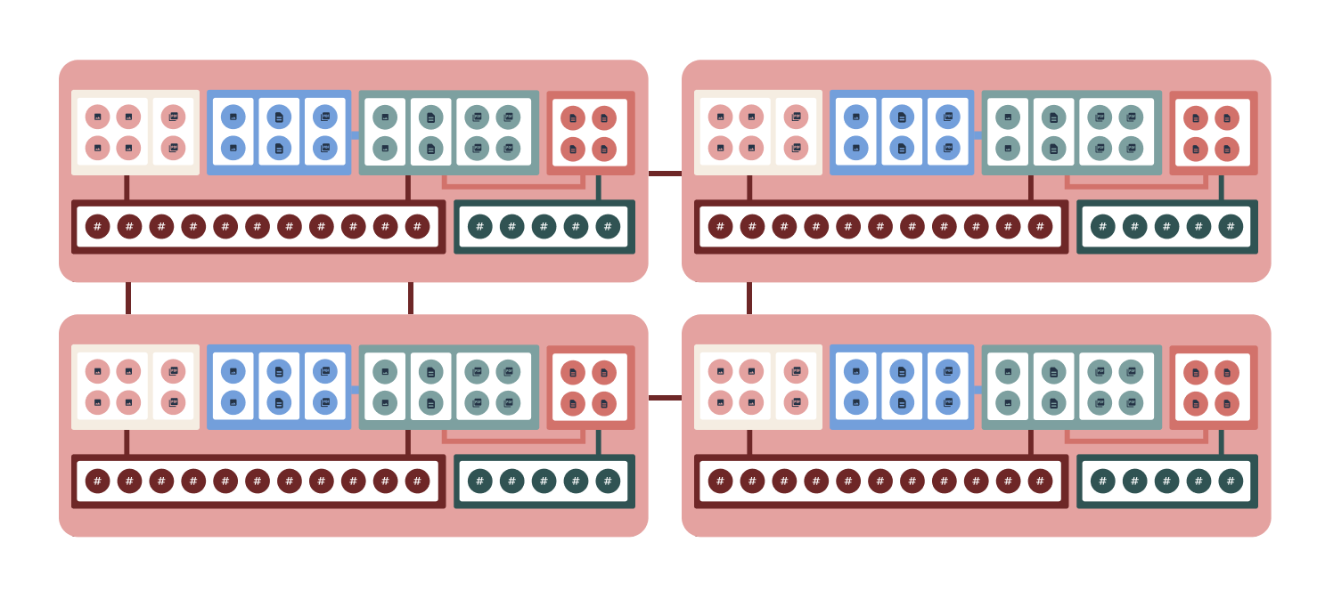 Viser en illustrasjoner av flere databaser med strukturert innhold som blir koblet sammen