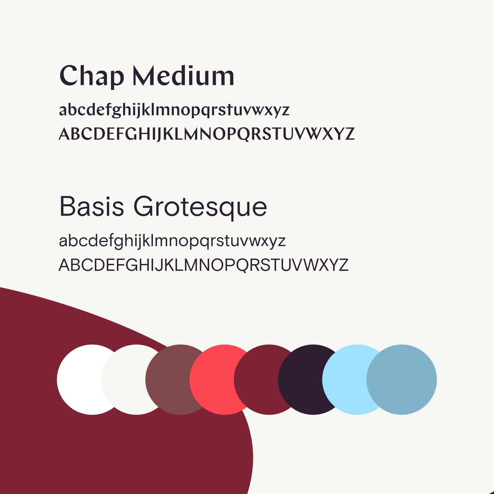 Fonter: Chap Medium og Basis Grotesque. Fager: Blåtoner, rød/oransje toner, beige, hvit og mørkebrun. Grafikk.