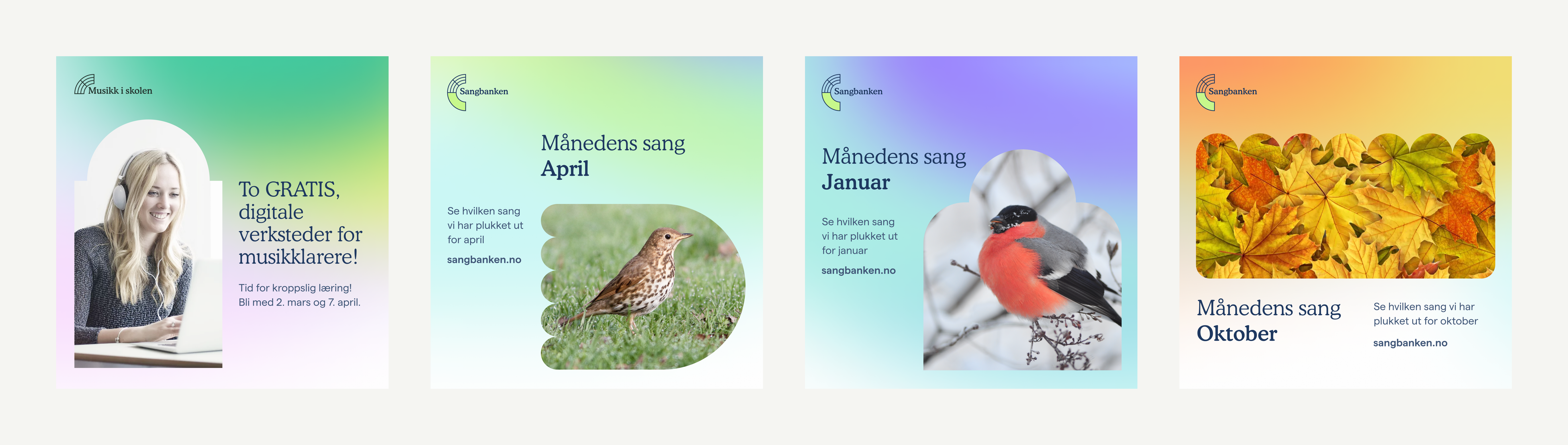 a woman is sitting at a desk in the middle of four posters