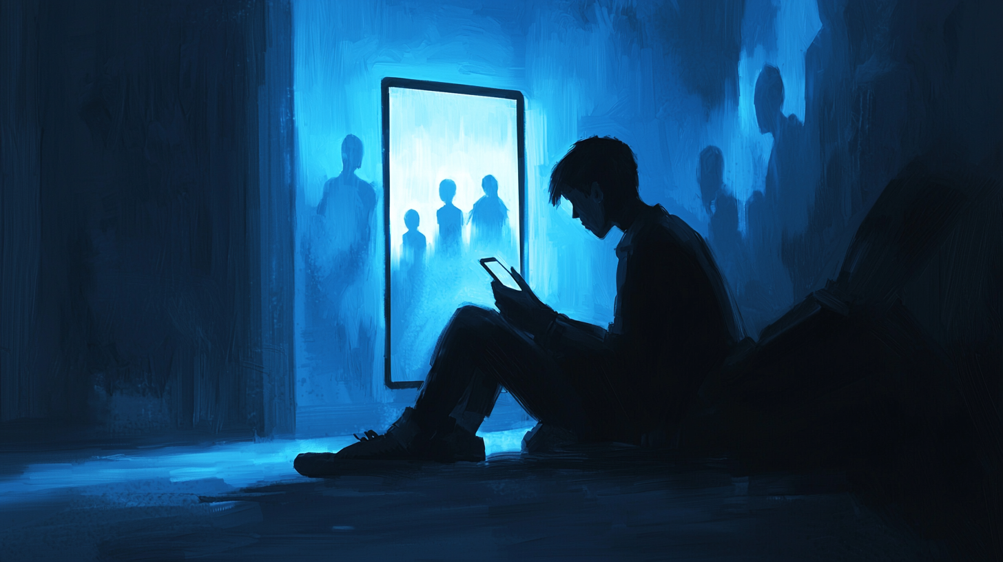 a man sits in a dark room looking at his phone