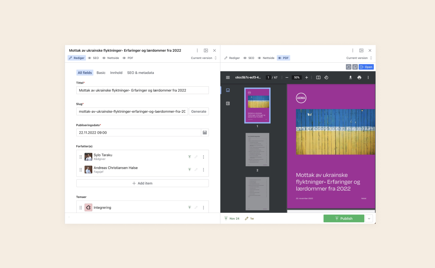 Skjermbilde av rapport-løsning, der man med Sanity kan forhåndsvise pdf-en mens man lager innholdet.