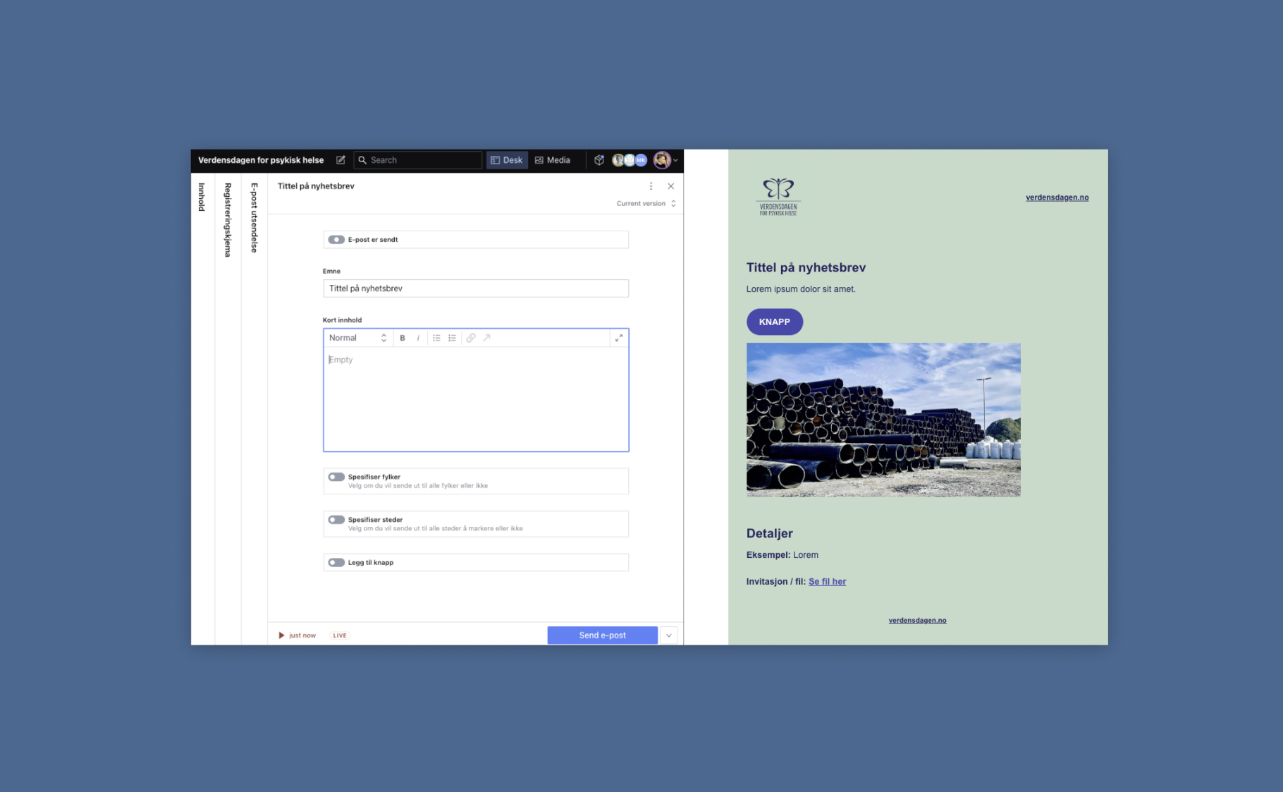 et skjermbilde av Sanity med forhåndsvnisnig av nyhetsbrev