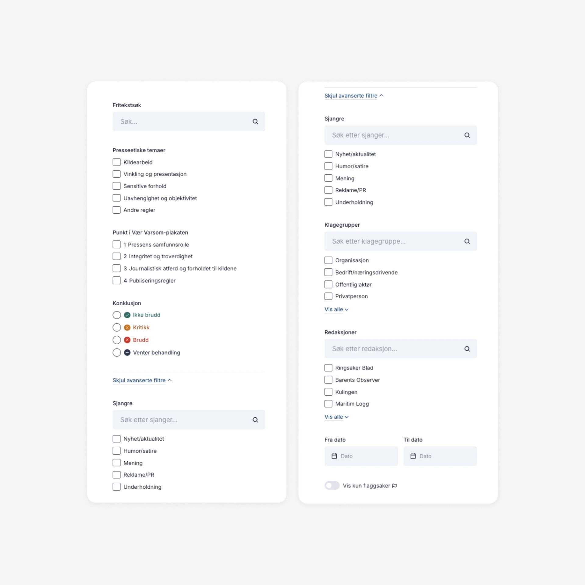Two Norwegian filter panels with search fields, checkboxes, radio buttons, and date pickers.