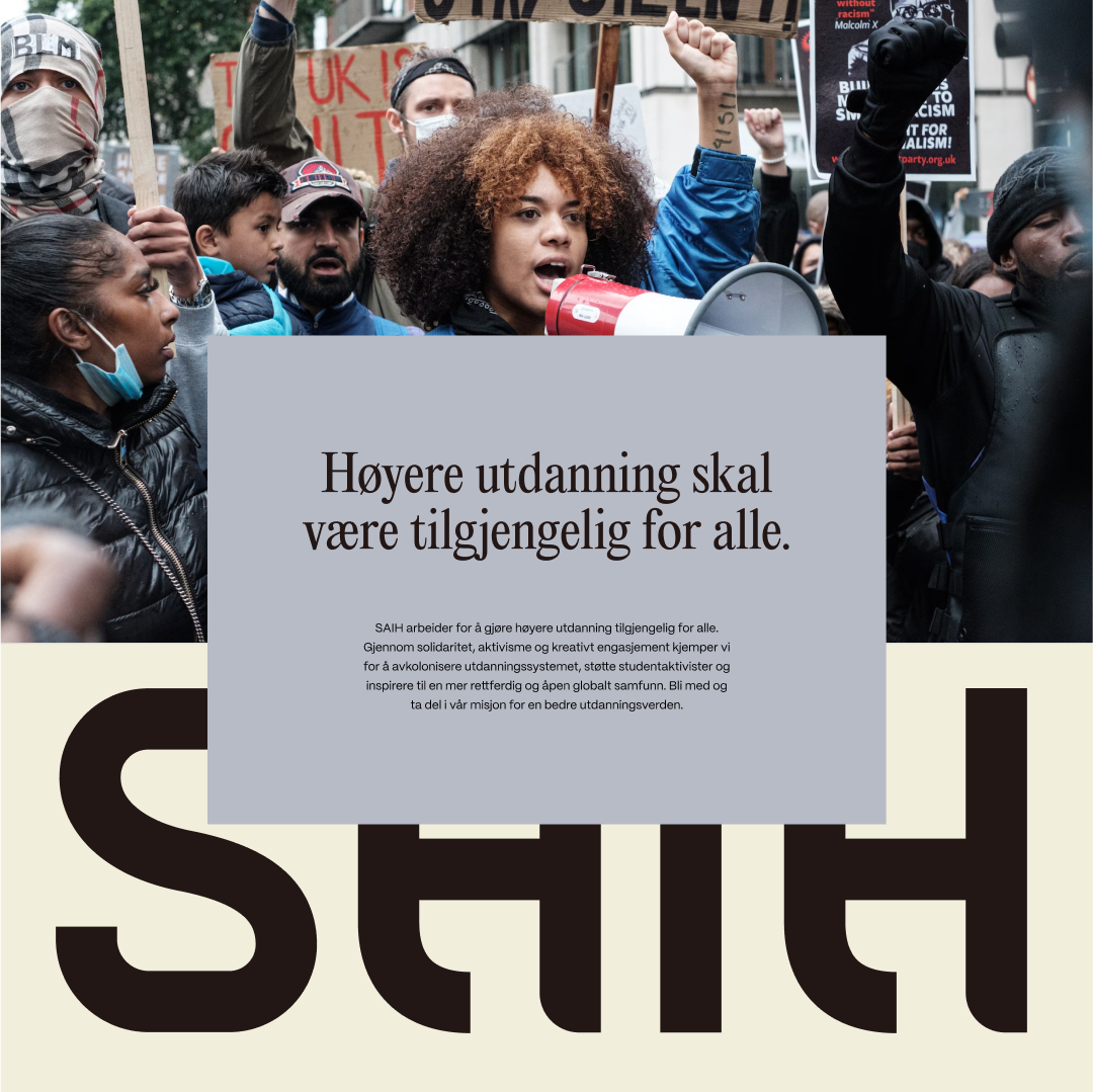 Lilla boks med tekst overlapper et bilde og SAIHs logo