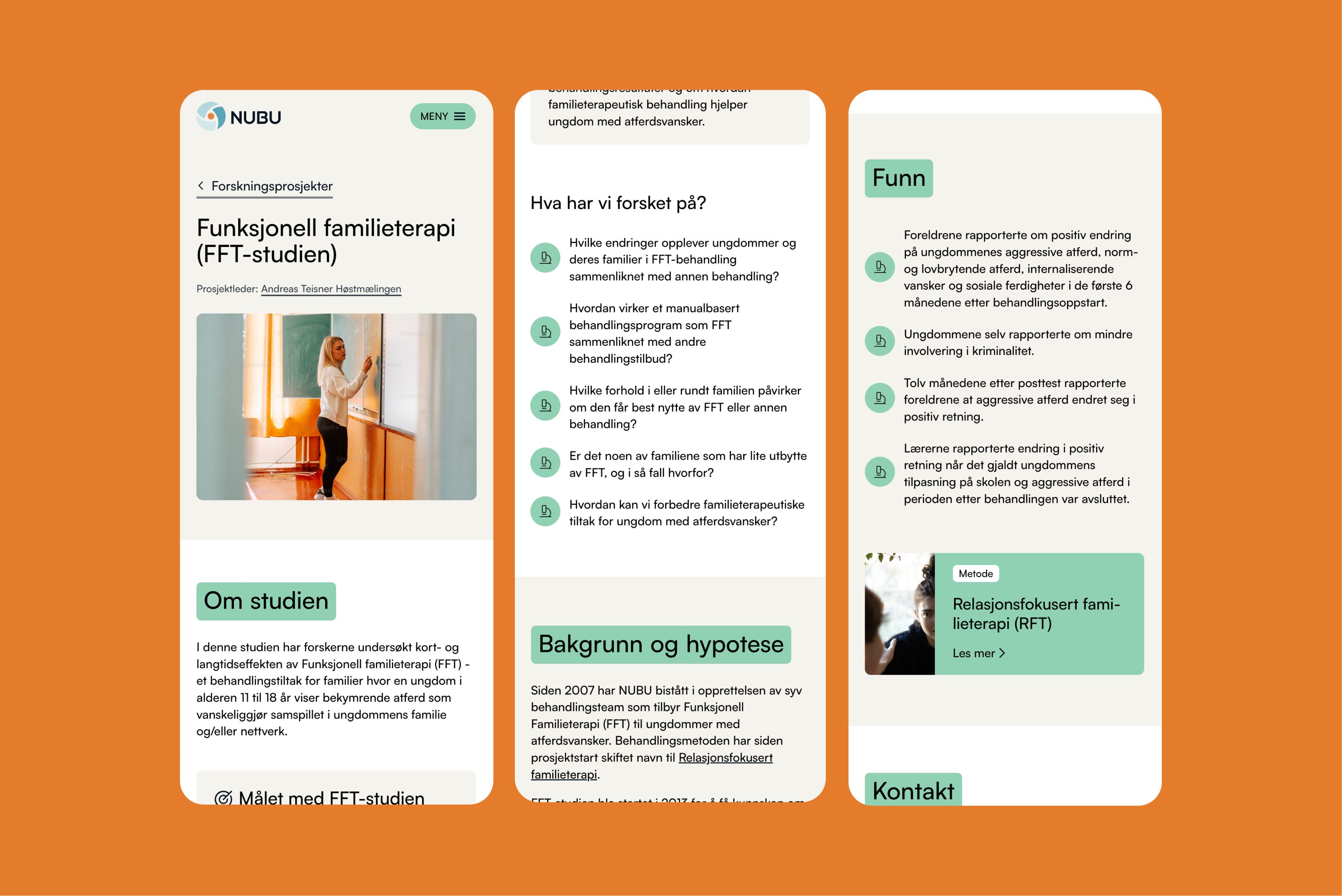 Visning av sidene for strukturert funksjonell familieterapi (FFT) på NUBU nettside