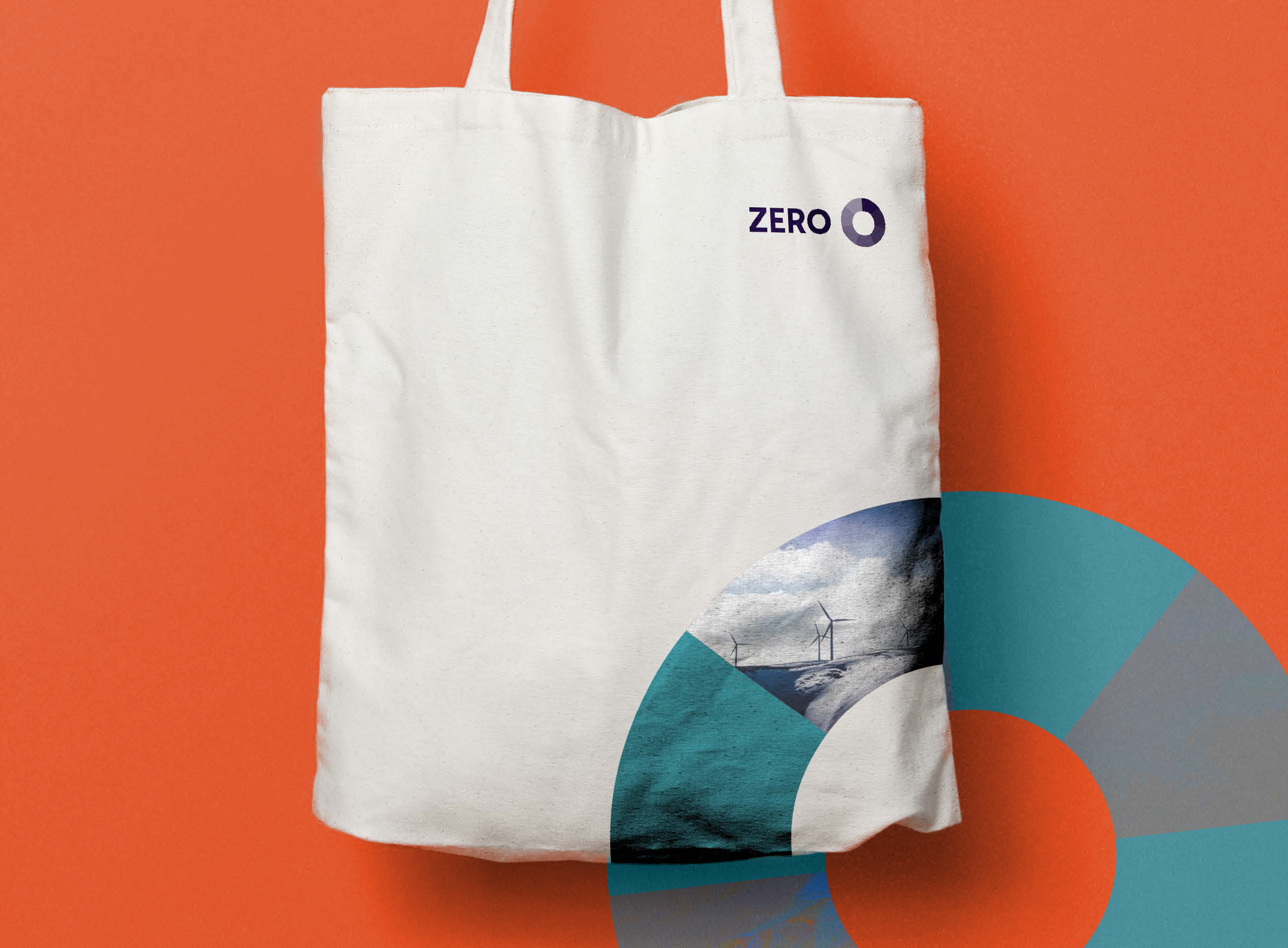 Handlenett som viser hvordan hjulet i Zero-logoen kan brukes som et designelement. Har også et bilde av vindmøller i hjulet. 