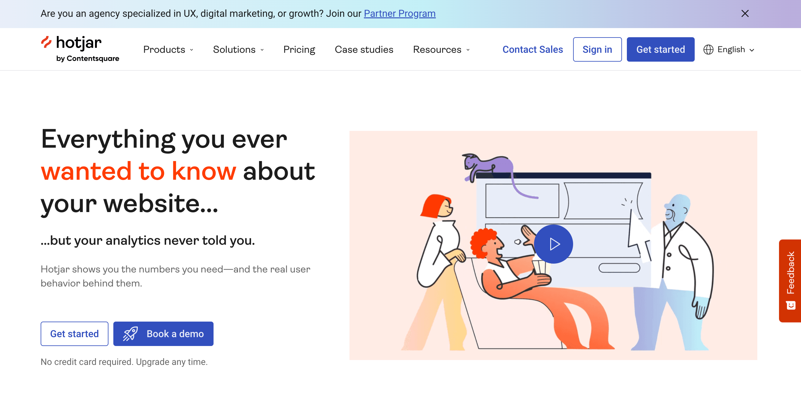 Forsiden til Hotjar, hvor det står: Everything you ever wanted to know about your website... ...but your analytics never told you. Hotjar shows you the numbers you need—and the real user behavior behind them.  Get started