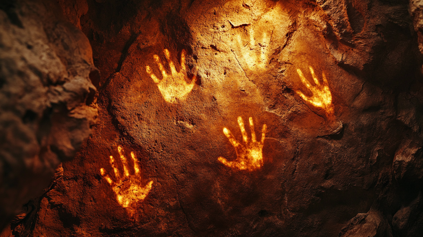 a group of hand prints on a rock wall