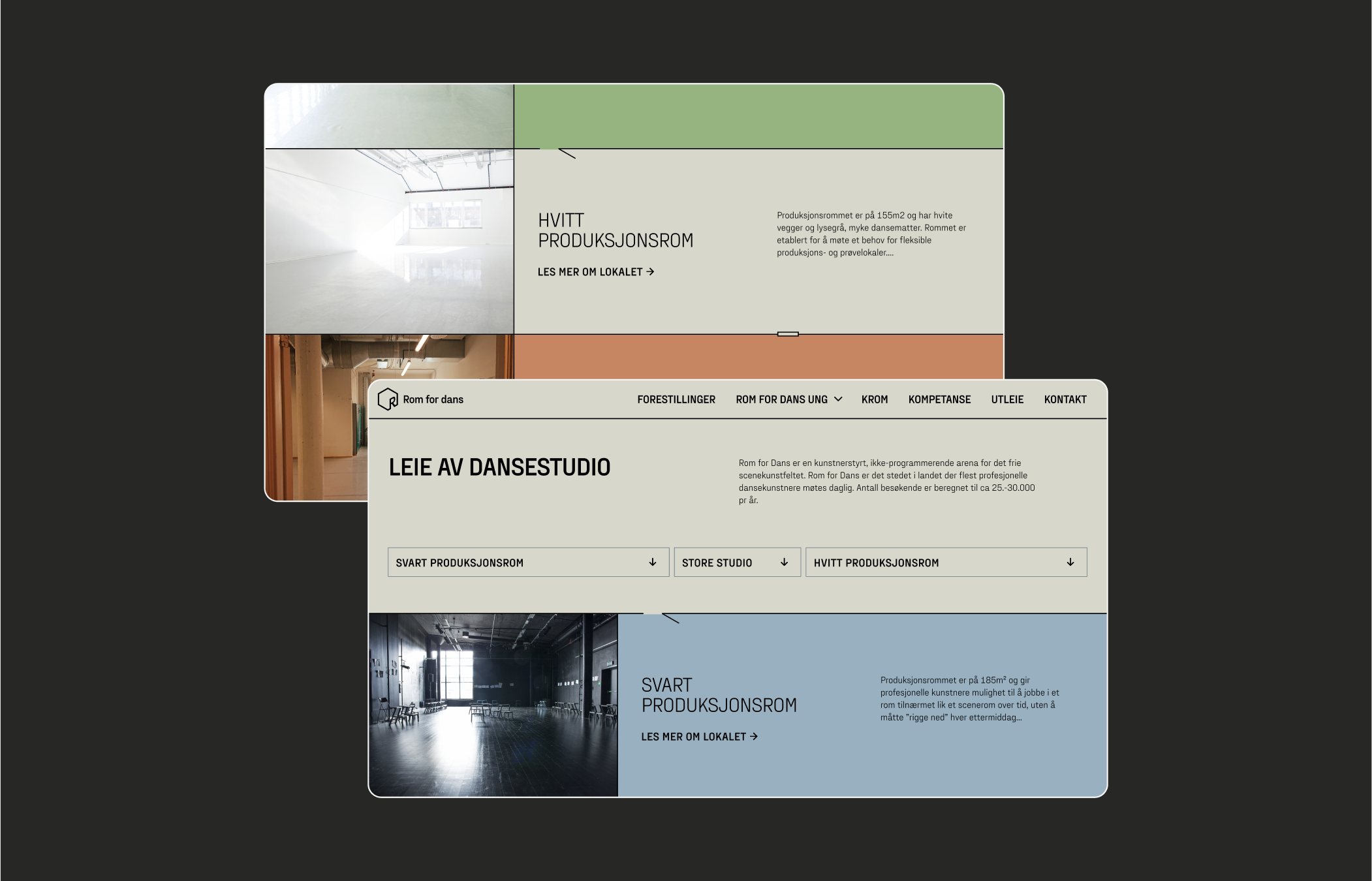en nettside for utleie av dansestudio vises på en mørk bakgrunn