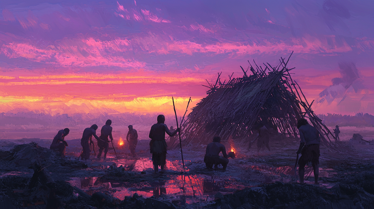 a painting of a group of people standing around a hut at sunset