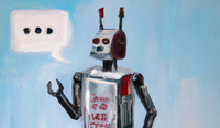 et maleri av en robot med en taleboble over seg