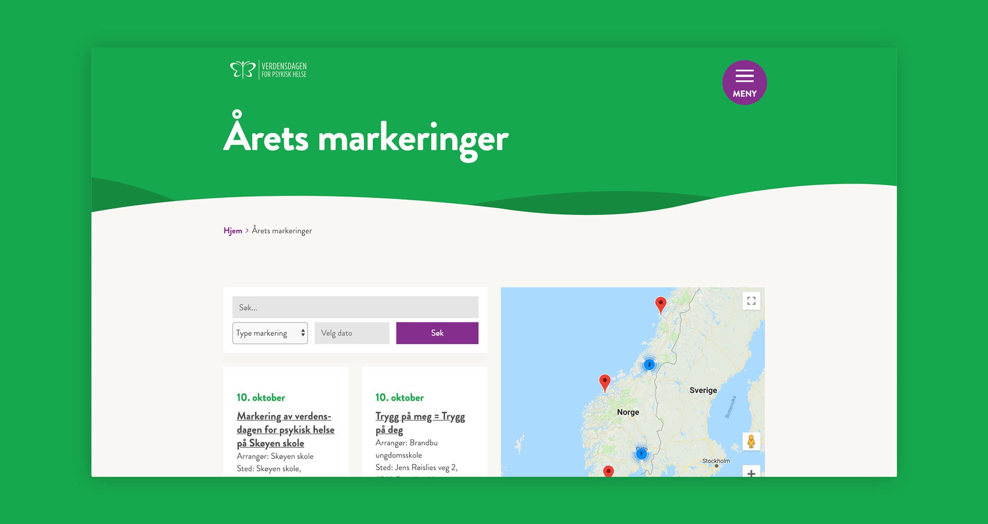 Nettsiden til Verdensdagen for Psykisk Helse, det står "Årets markeringer"