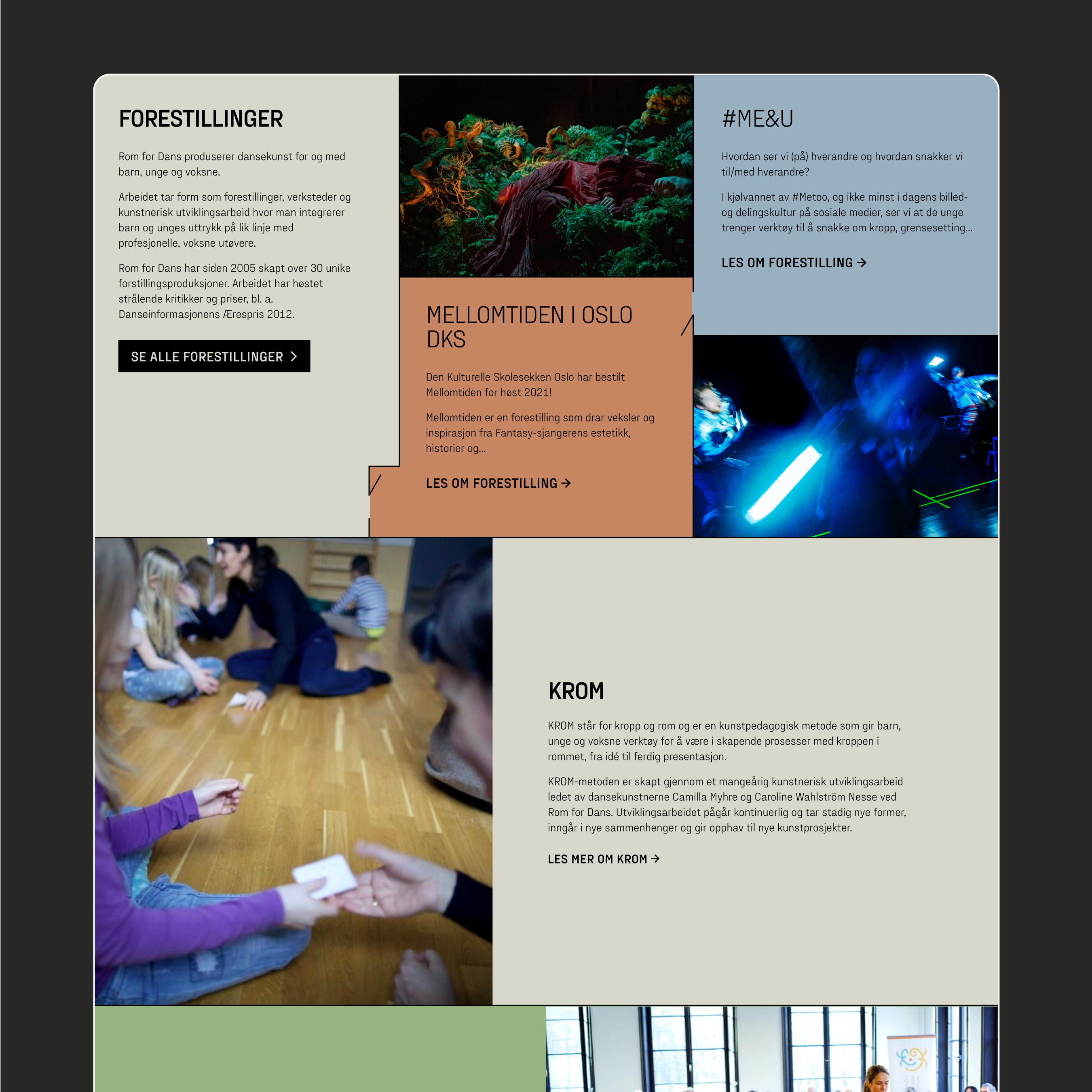 en nettside viser en kollasje av bilder, inkludert ett med tittelen forestillinger