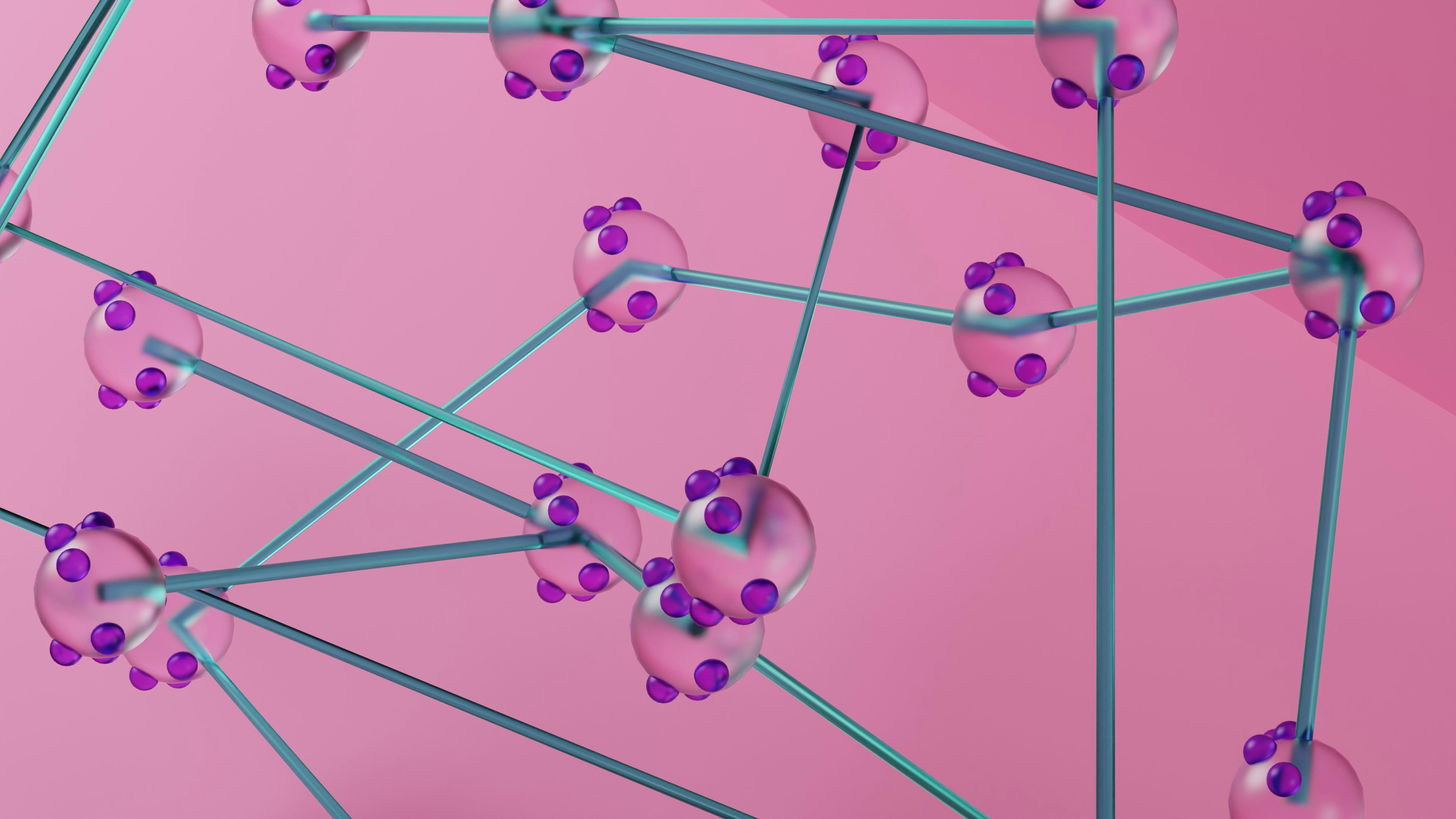 En datagenerert bilde av en molekylær struktur på en rosa bakgrunn. Dette bildet er ment å fremkalle en følelse av vitenskapelig nysgjerrighet og undring, og å formidle kompleksiteten og skjønnheten i molekylære strukturer.