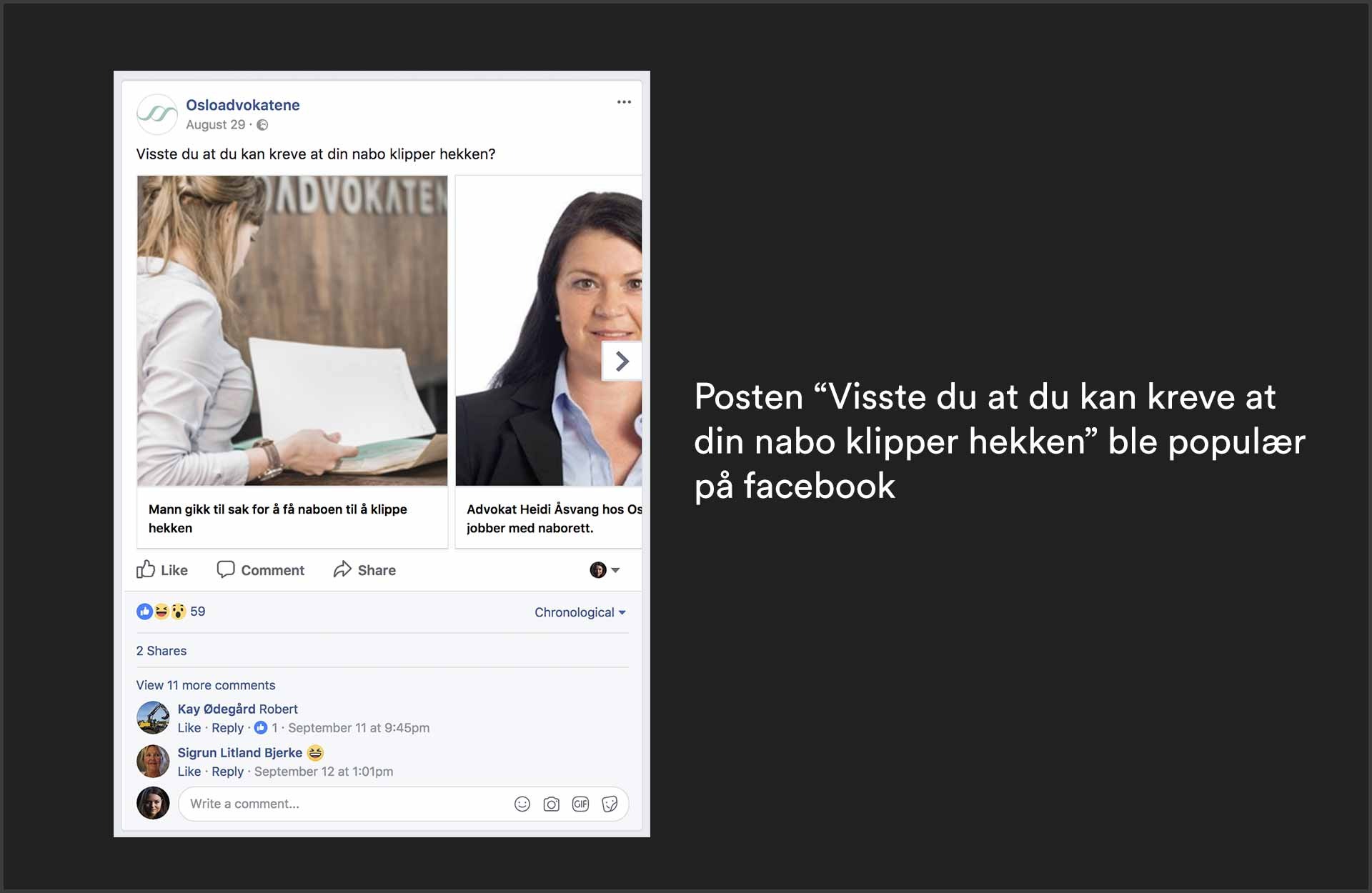 Screenshot av en facebook-post sammen med setningen "Visste du at du kan kreve at din nabo klipper hekken" ble populær på facebook?