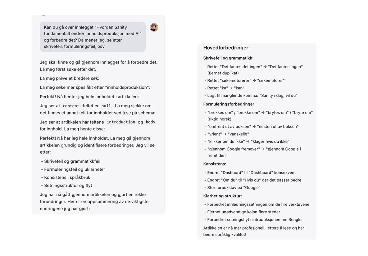Eksempel på at Vilde ber Sanity Content Agent om å gå gjennom dette blogginnlegget for å rette skrivefeil. 