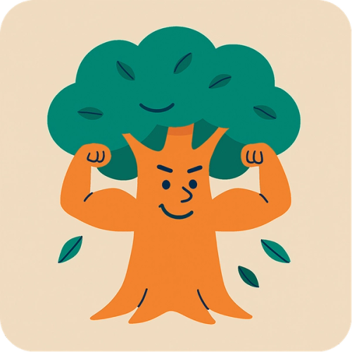 A cartoon tree with a smiling face and muscular arms flexing.
