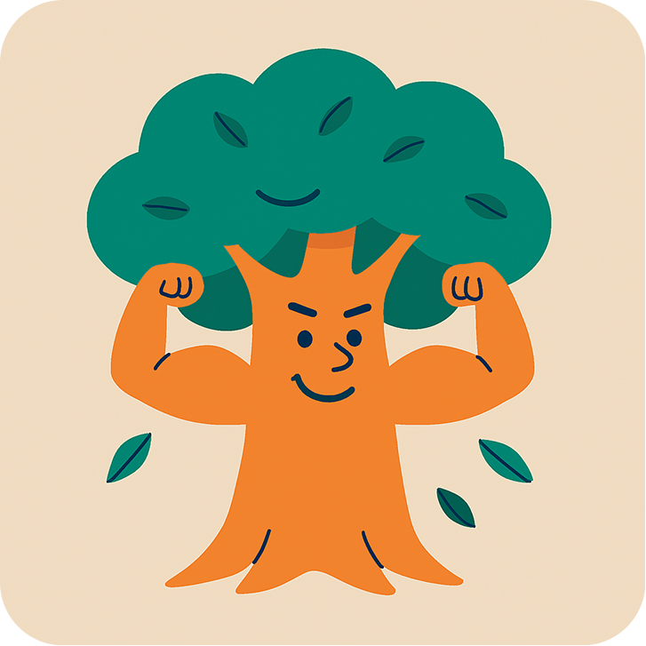 A cartoon tree with a smiling face and muscular arms flexing.
