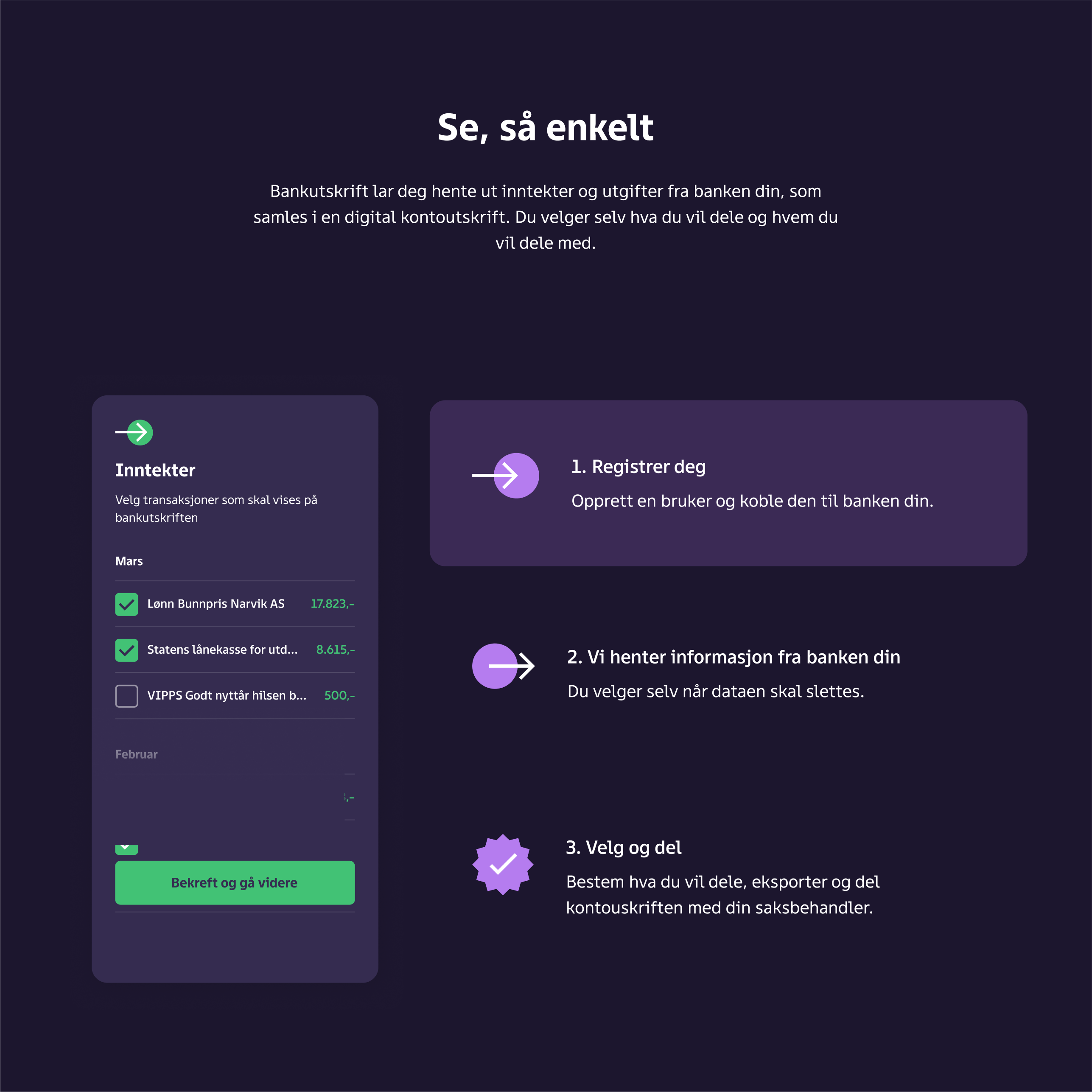 Tre-stegs-modell som viser hvor enkelt det er å bruke Bankutskrift