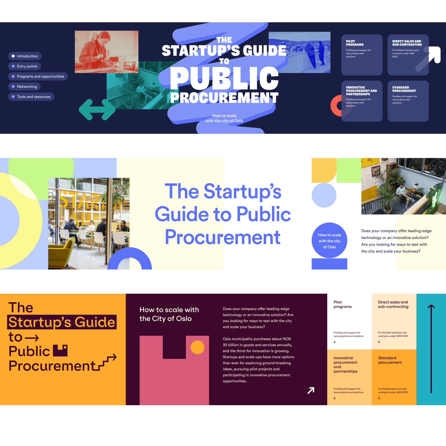 Viser tre ulike designretninger, tre ulike sett med konseptuelle skisser og farger. Grafikk.