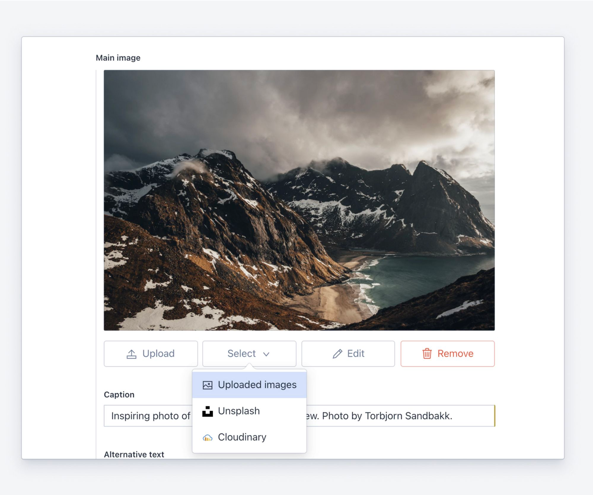 et bilde av et fjell med en bildetekst som sier hovedbilde