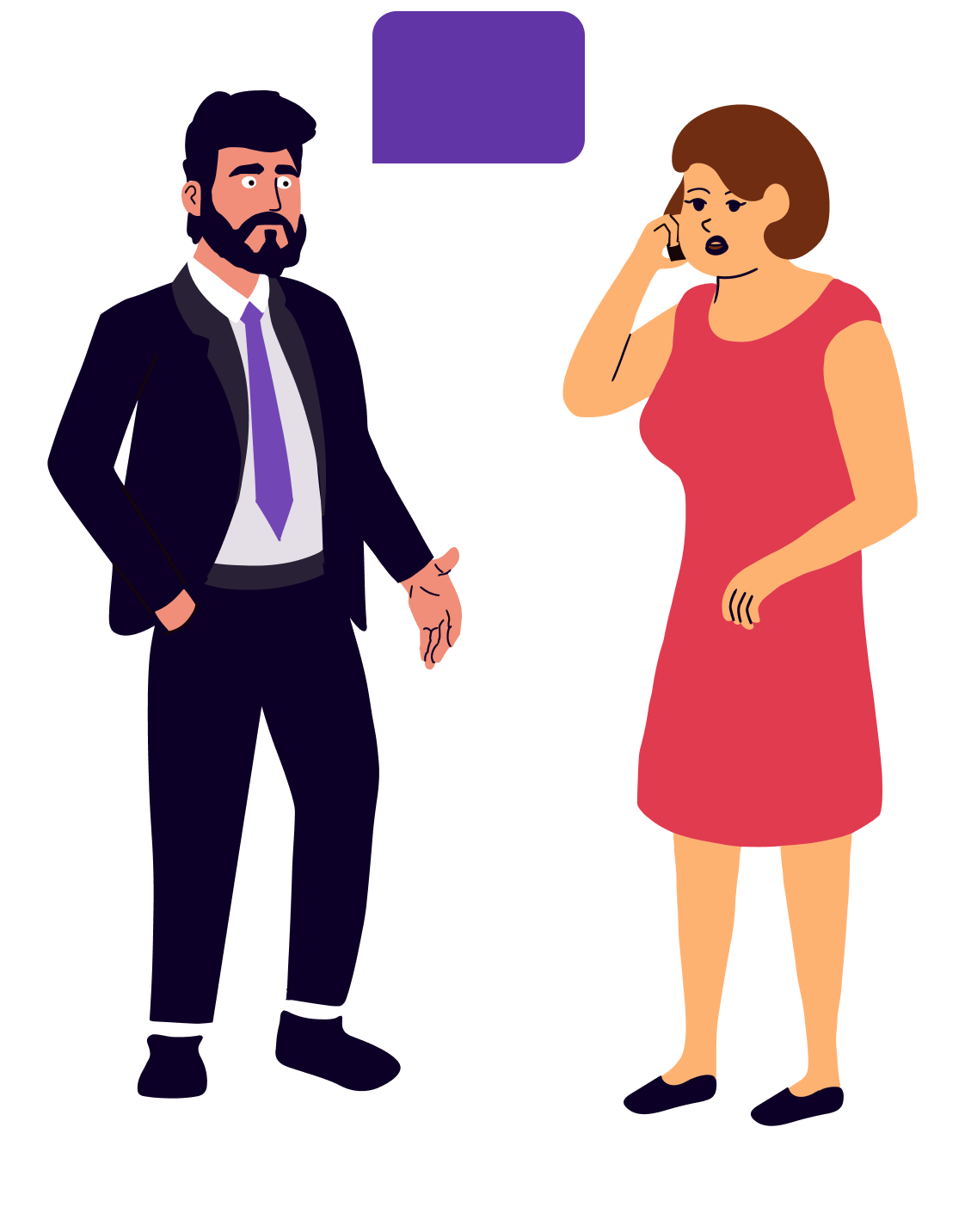 Illustrasjon av en mann og en kvinne som prater. Kvinnen prater i telefon. 