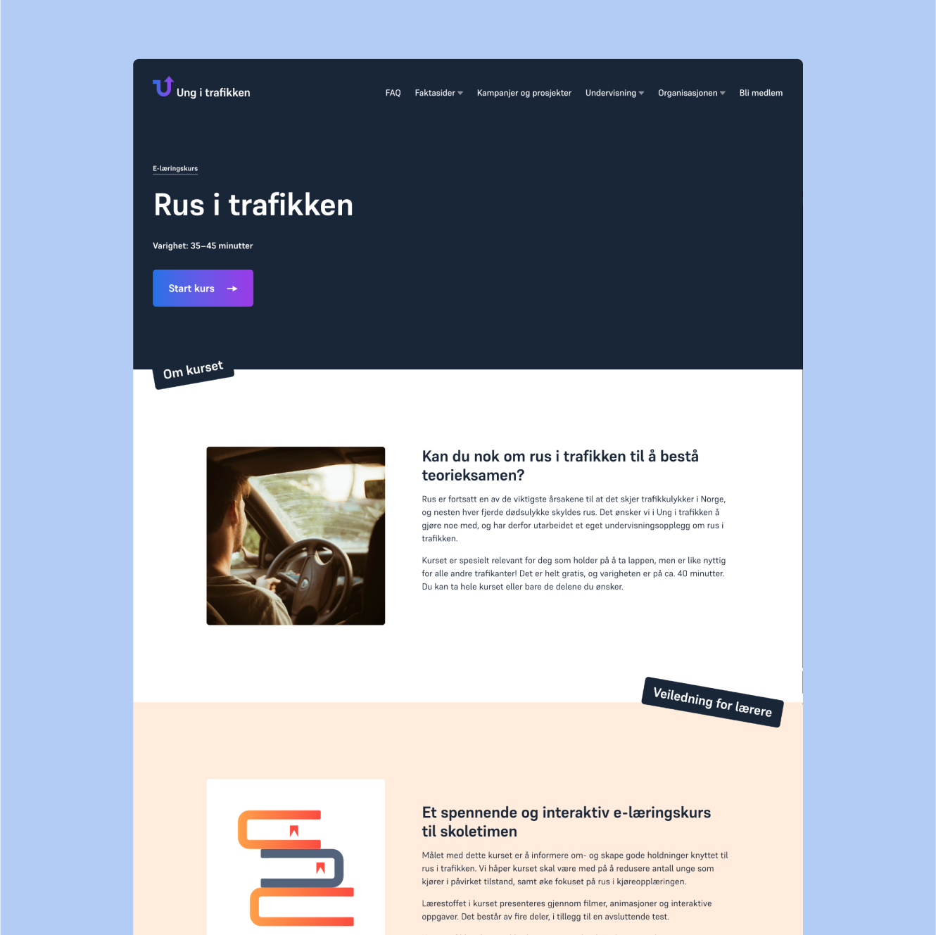 a landing page for rus i trafikken shows a man driving a car