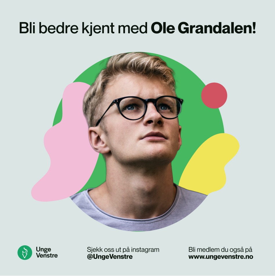 Design av instagram post for Unge Venstre. Utsnitt av person klippet sammen med lekne former. Skjermbilde. 