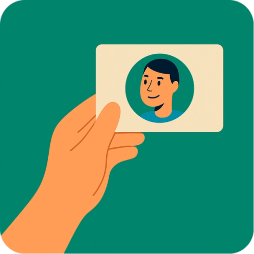 A hand holds a card displaying a smiling cartoon man's profile.