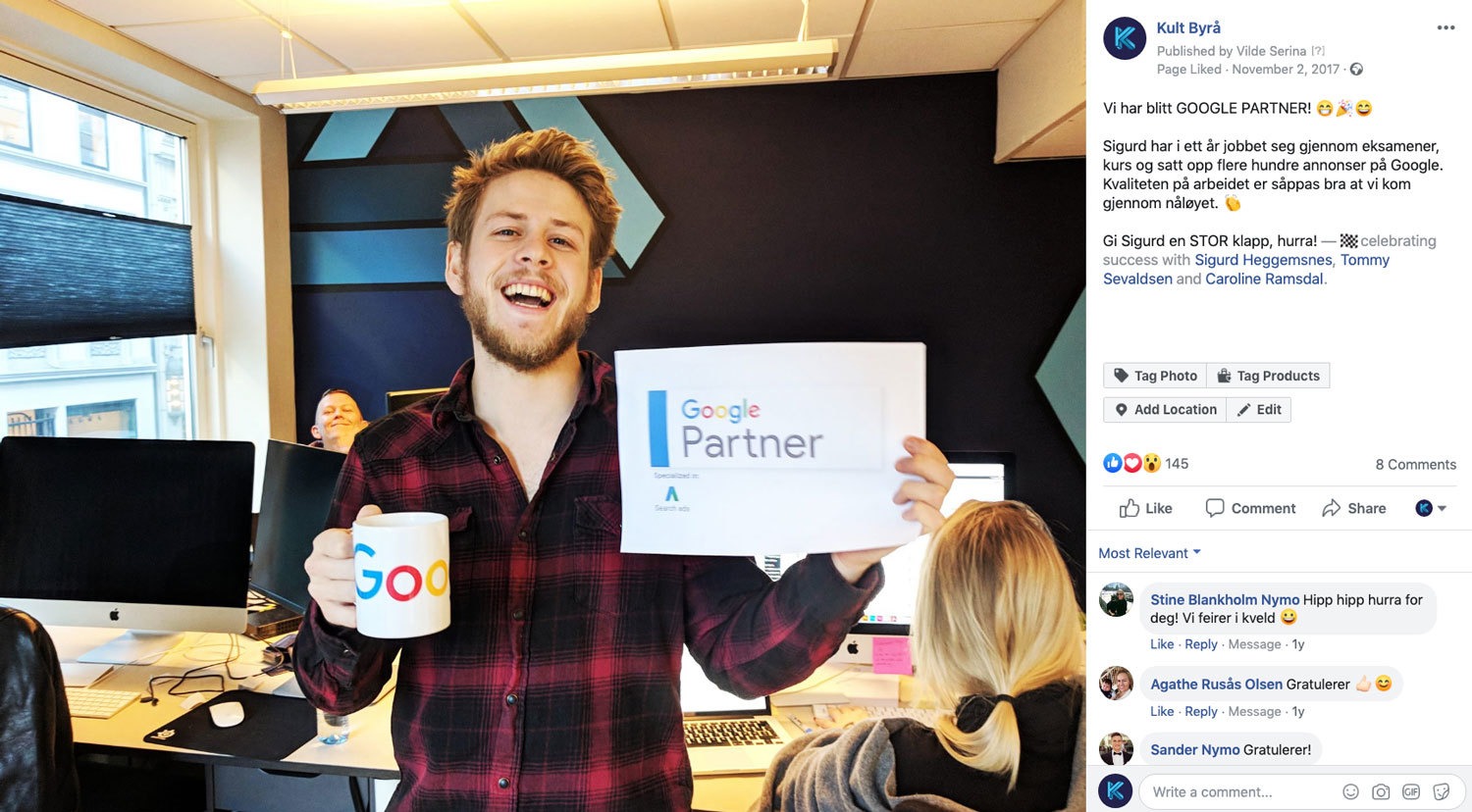 skjermbilde av en facebook post med Sigurd som holder et skilt med "Google partner" og mange gratulasjoner og likes.