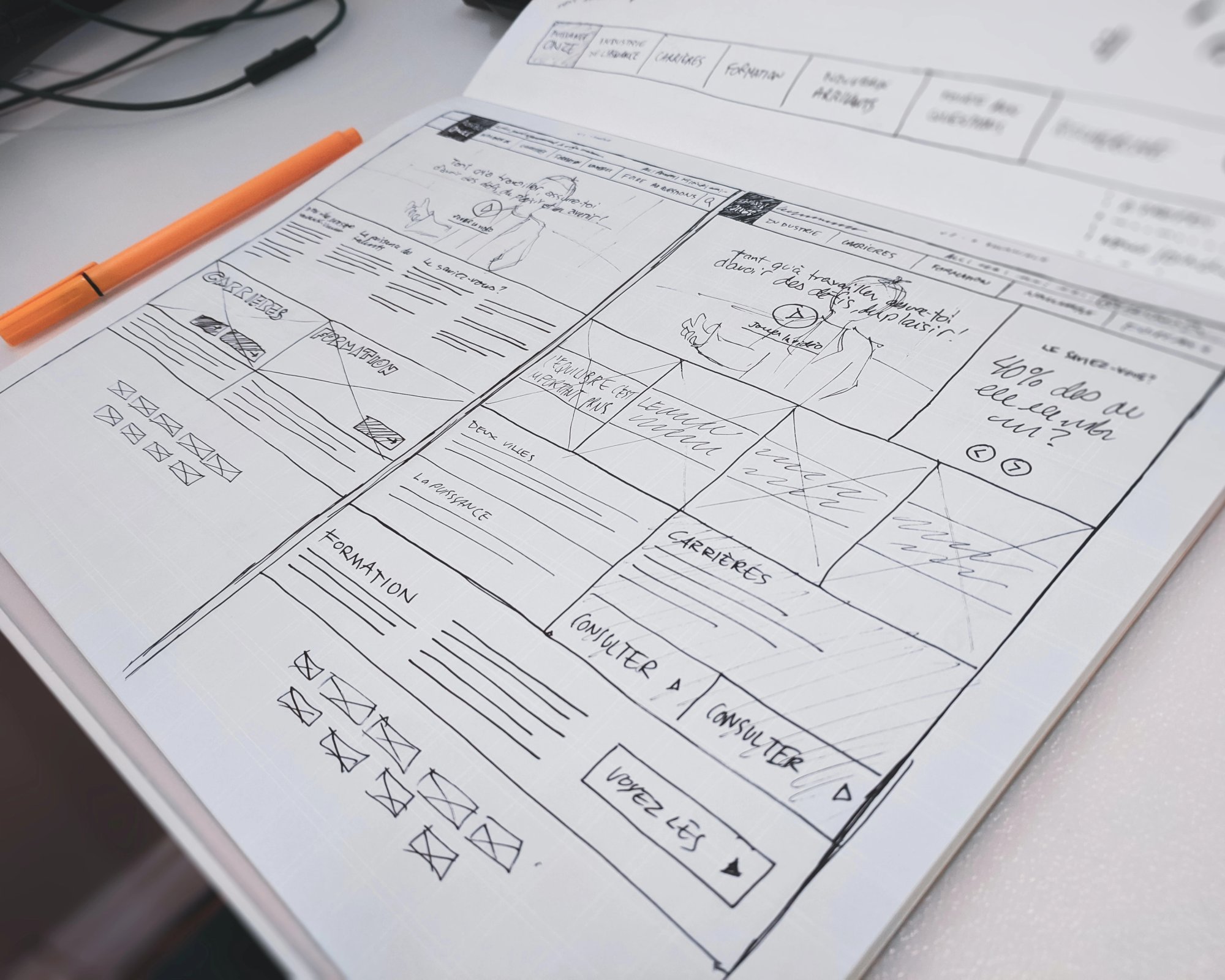 en skisse av en nettside på et stykke papir med en penn.