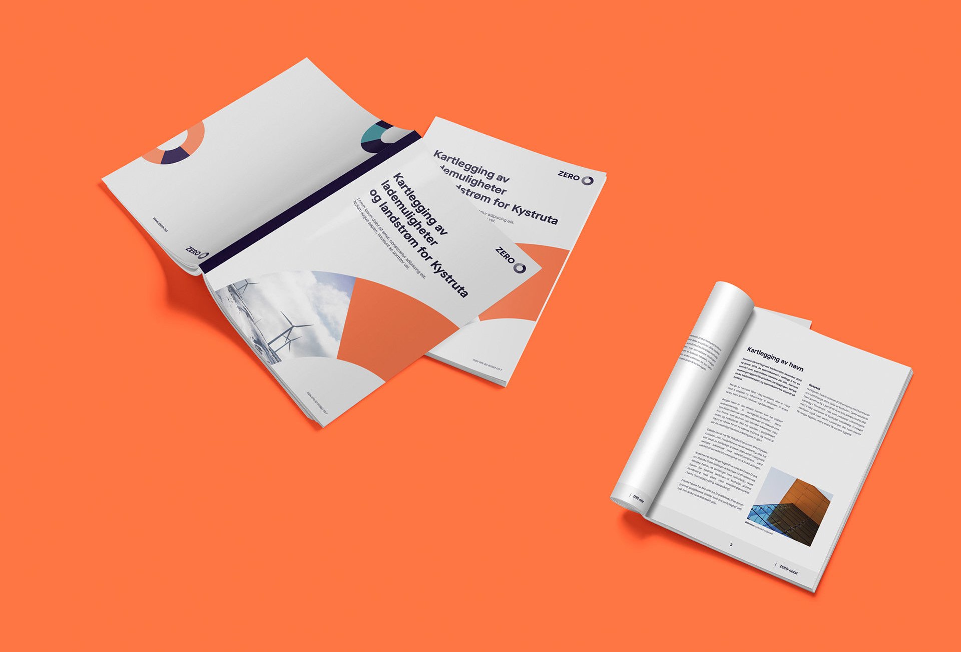 Eksempler på rapport-design for ZERO. Logoen er brukt som et illustrativt element på forsiden.