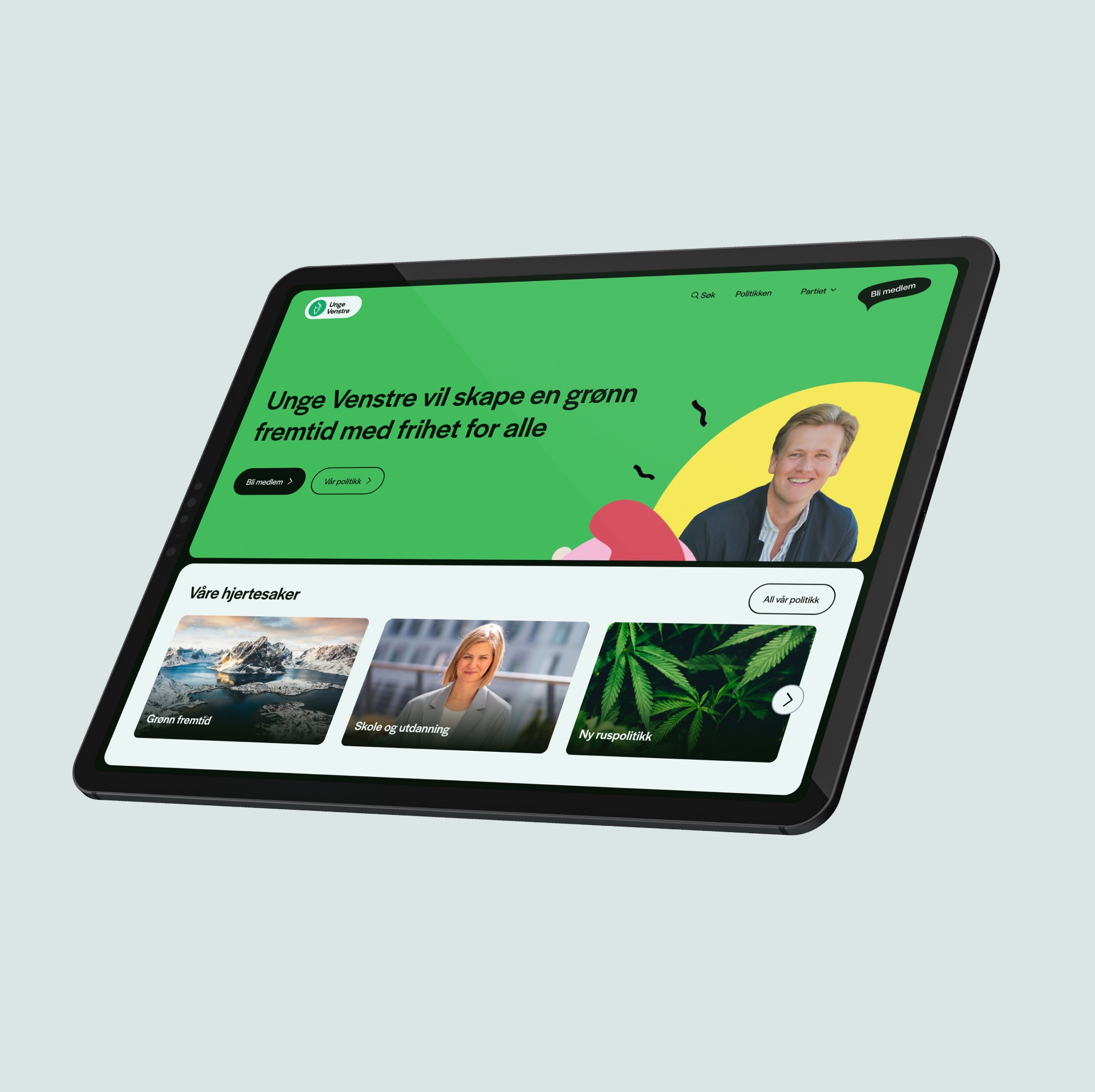 Forsiden til Unge Venstre på ipad. Foto.