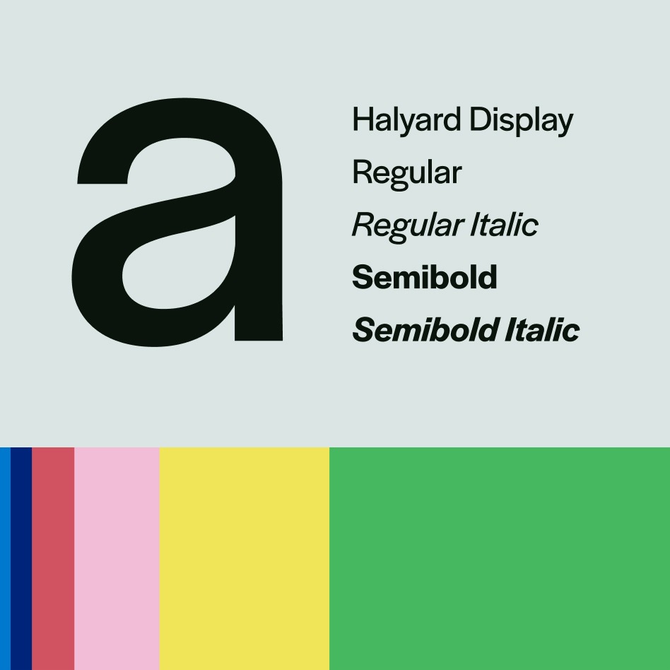 Font og farger til Unge Venstre. Halyard Display. Lyseblå, mørkeblå, rød, rosa, gul og grønn.