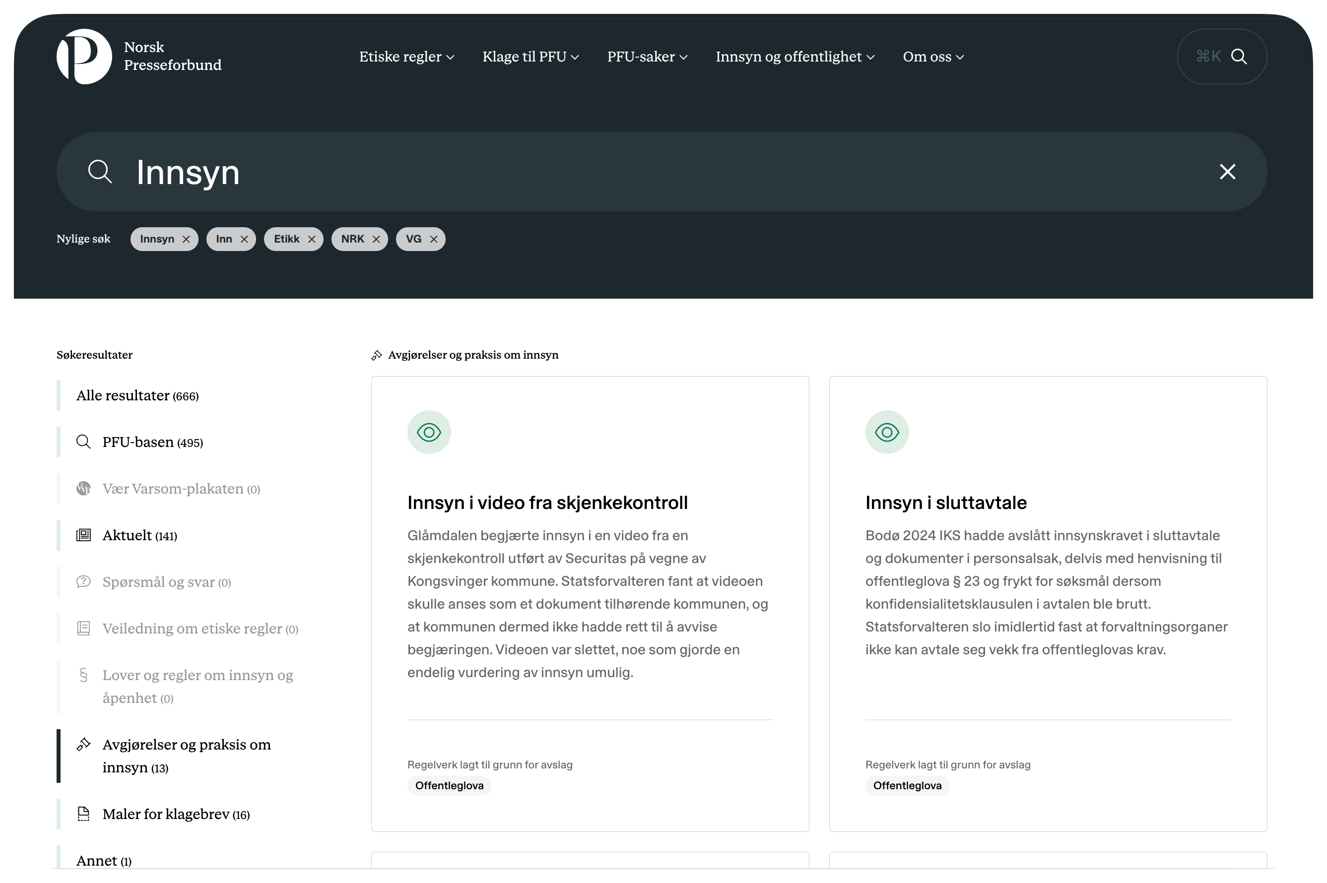 A search results page from Norsk Presseforbund for "Innsyn" (transparency), showing filters like "Etikk" (ethics) and articles titled "Innsyn i video fra skjenkekontroll" and "Innsyn i sluttavtale."