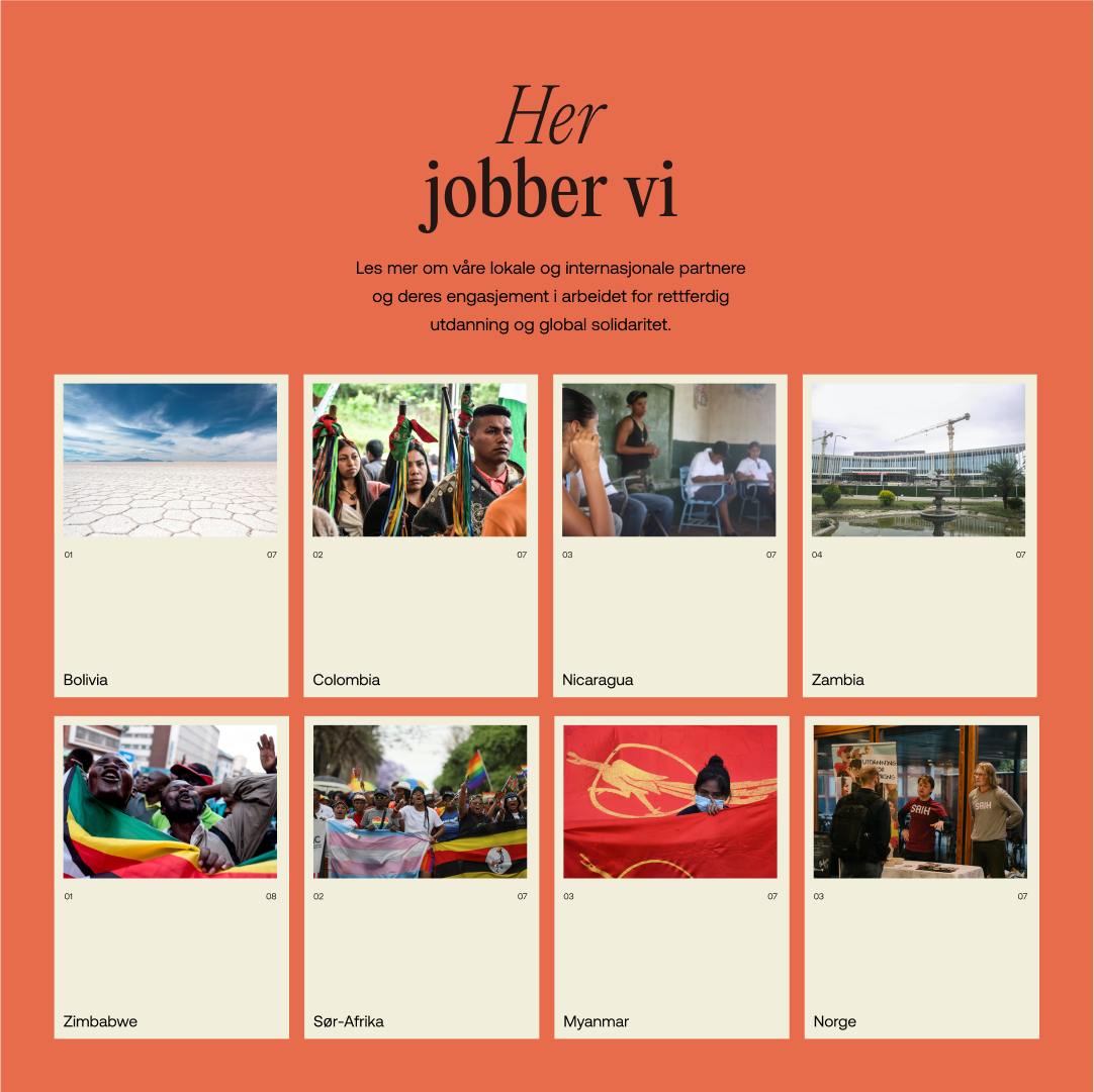Skjermbilde av "Her jobber vi", med liste over land