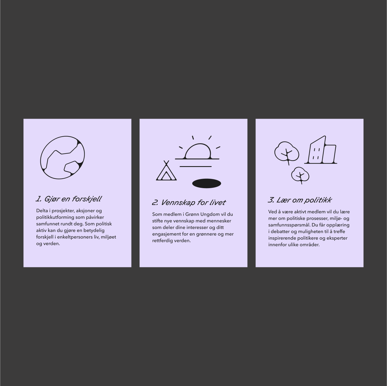 a set of three purple cards with a black background