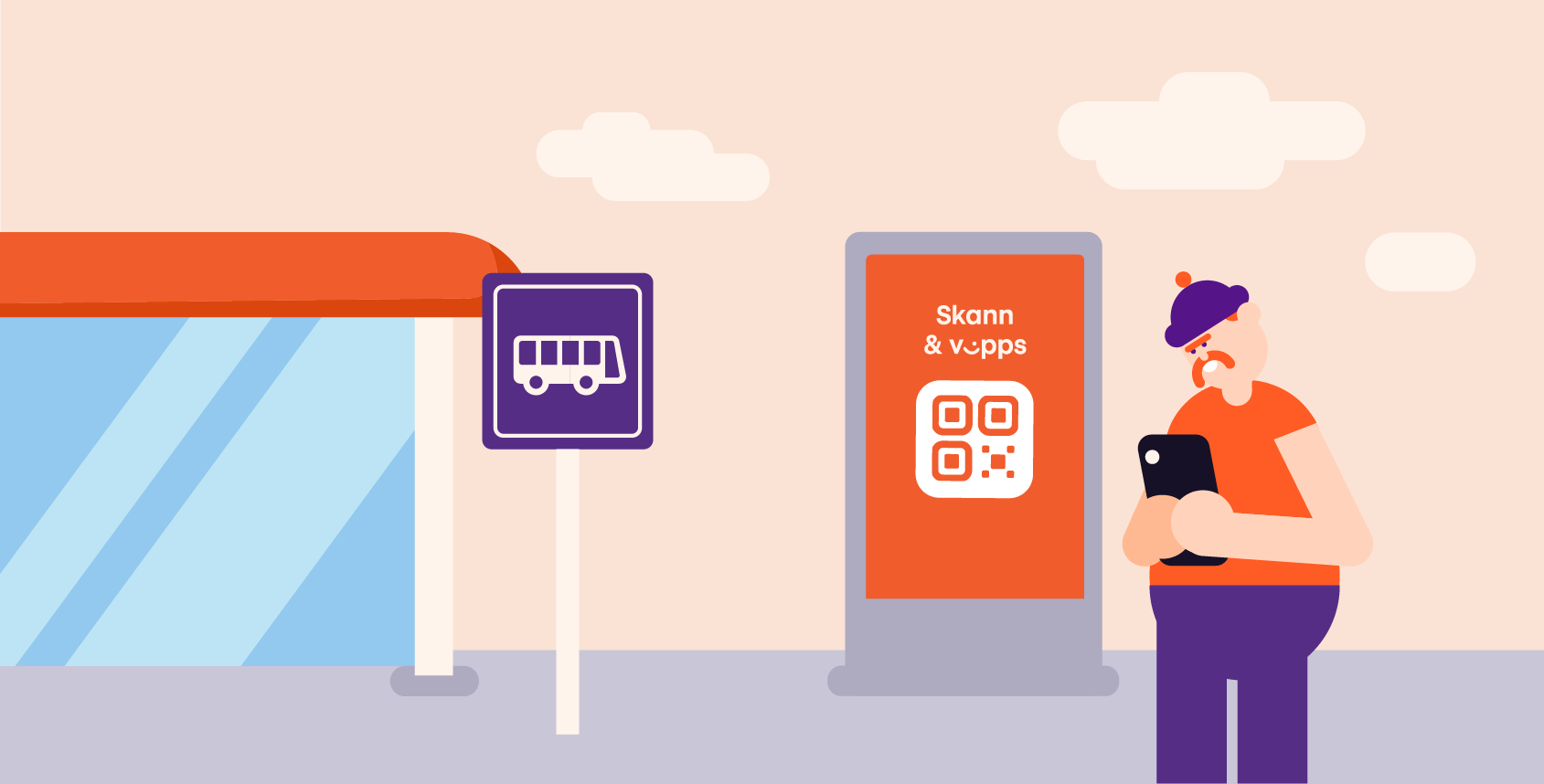En illustrasjon av et busstopp med et skilt som sier 'skann & v.pps' på det